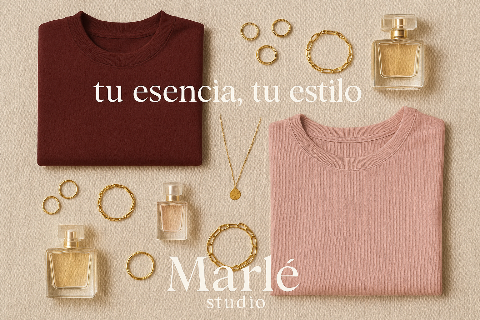Estilo flatlay, prendas dobladas, más joyas doradas, más perfume, más es eslogan “tu esencia, tu estilo”, más el nombre de la marca “Marlé studio” , más fondo lino beige, más colores borgoña y rosa empolvado 